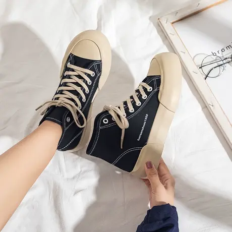 黑色高帮帆布鞋女韩版百搭ulzzang学生2021年春秋新款板鞋ins潮鞋图片