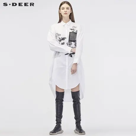 sdeer圣迪奥2019秋装新款女休闲翻领字母印花长款衬衫S19180559图片
