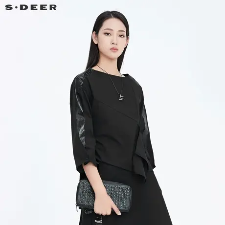 sdeer圣迪奥春秋女装腰带圆领拼接不对称黑色宽松衬衫S20180516图片