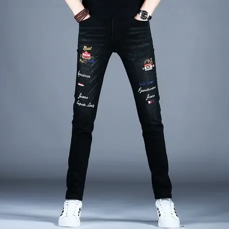 男士高档刺绣牛仔裤男款黑色修身小脚裤子2023新款秋冬季美式高街商品大图