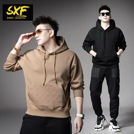 SXF圣希梵加绒卫衣男连帽潮牌提花男装宽松上衣冬季新款男士外套商品大图