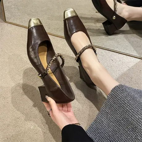 法式玛丽珍鞋女2024春秋季新款一字扣粗跟单鞋时尚浅口气质高跟鞋商品大图