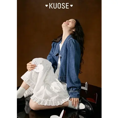 阔色复古气质蓝色牛仔外套女2023新款春季小个子显高短款上衣商品大图