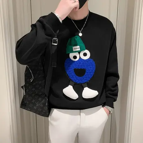 秋季男学生卡通图案卫衣t恤打底衫长袖修身套头潮流圆领体恤外套商品大图