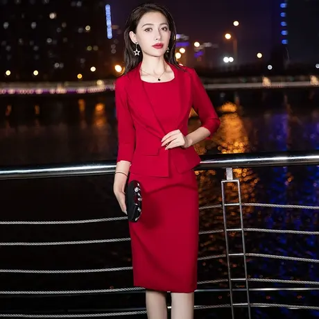 红色晚礼服高档结婚喜婆婆婚礼套装高端两件套妈妈装婚宴连衣裙女图片