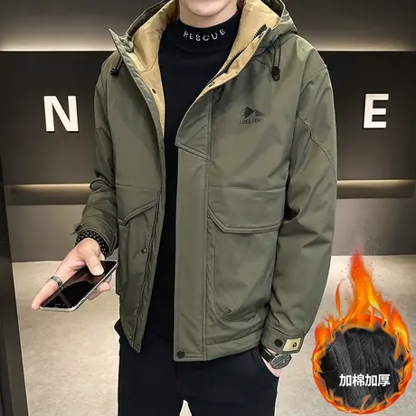 秋冬季二棉男装连帽外套男士加棉加厚男装2023新款防风夹克冲锋衣商品大图