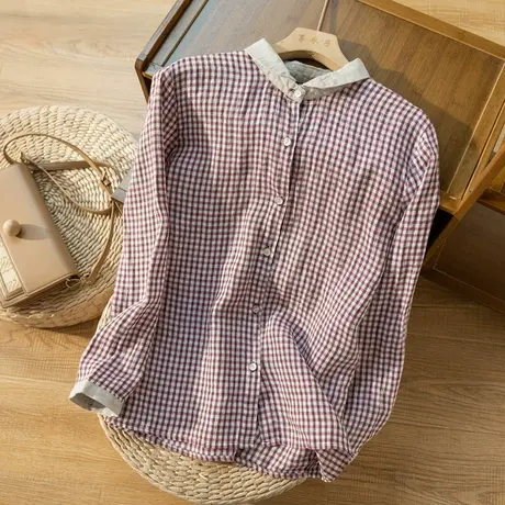 格子亚麻衬衫女文艺复古棉麻上衣女小众设计宽松百搭春秋2024新款商品大图