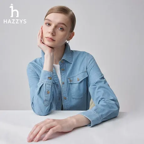 【商场同款】Hazzys哈吉斯牛仔长袖衬衫女2024年春季新款衬衣外套图片