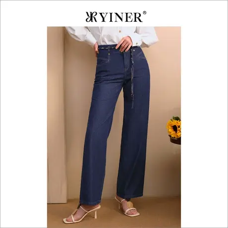 YINER音儿女装夏季显瘦腰带复古休闲直筒阔腿牛仔裤商品大图