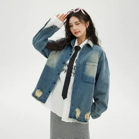 潮牌设计感做旧破洞牛仔外套女春季新款街头复古宽松oversize衬衫商品大图