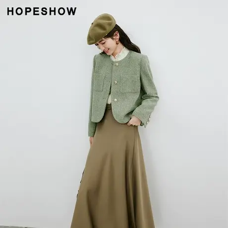 红袖千金风圆领短款外套hopeshow2024春季新款高级感香风上衣女商品大图