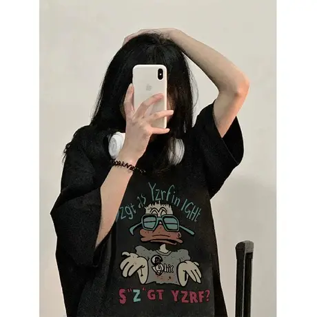 黑色短袖t恤女夏季小个子韩版宽松oversize美式复古潮牌半袖上衣图片