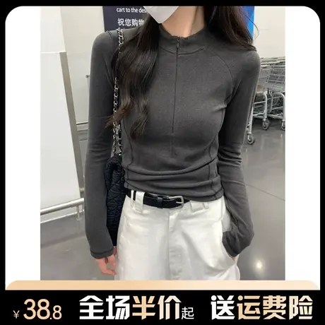德绒半高领拉链打底衫女秋冬季2024新款早春鱼骨长袖t恤内搭上衣图片