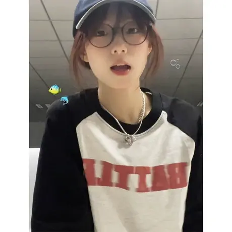 美式字母印花短袖T恤女夏装纯棉宽松百搭韩版撞色拼接插肩袖上衣商品大图