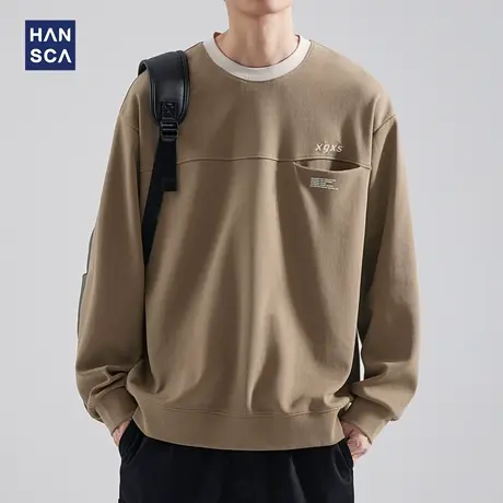 hansca圆领卫衣男日系复古秋季潮牌拼接宽松慵懒休闲运动重磅长袖商品大图