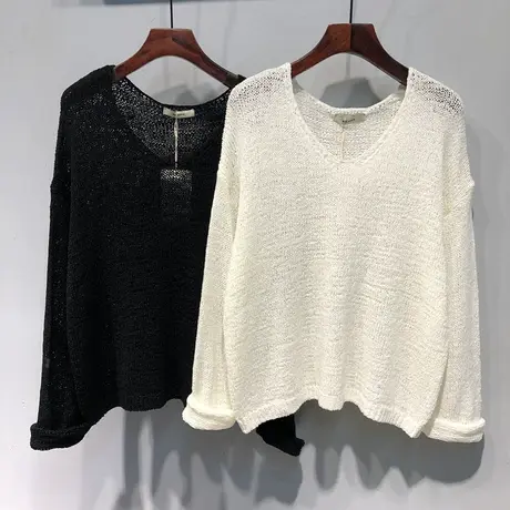 2024春装韩国东大门新款纯色V领宽松显瘦镂空针织衫上衣女套头潮商品大图