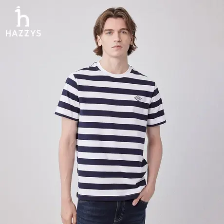 【商场同款】Hazzys哈吉斯2024新款时尚休闲男士条纹简约圆领T恤商品大图