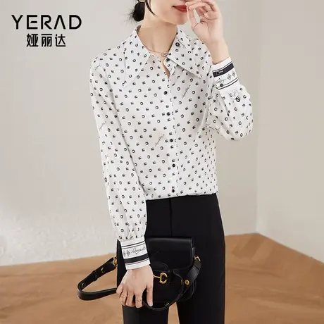 娅丽达春装印花衬衫女2024年春季新款设计感复古尖领上衣雪纺衬衣商品大图