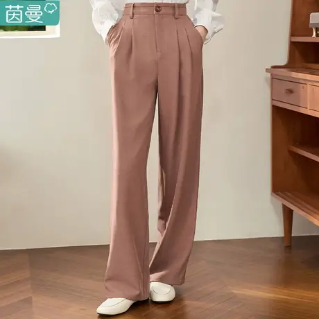 茵曼窄版西裤子女款2024新款春装松紧高腰垂感显瘦阔腿裤直筒长裤图片