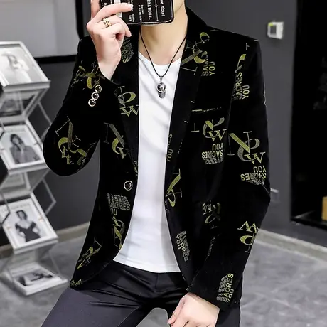 秋季韩版西装外套男士个性字母印花痞帅上衣服青年帅气修身小西服商品大图