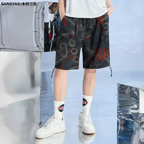 木村三社印花2023新款短裤男五分裤美式复古运动夏季休闲大码裤图片