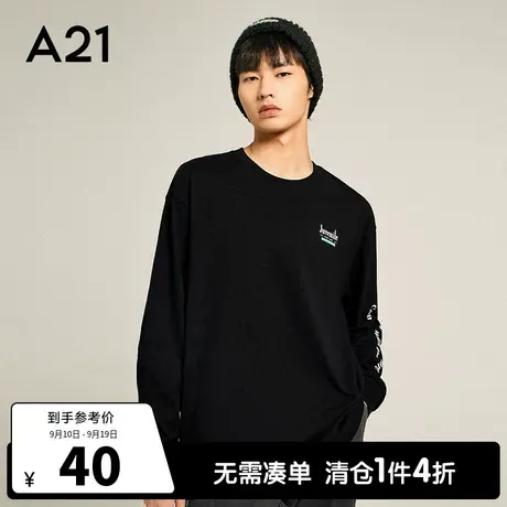 A21outlets男装白色宽松圆领长袖T恤秋款情侣男士纯棉上衣潮牌男图片