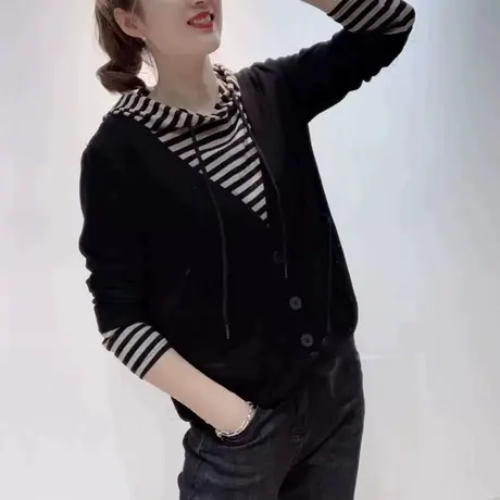 初春条纹假两件连帽卫衣女2023春秋季韩版打底针织衫长袖拼接上衣商品大图