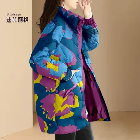 洋气减龄撞色印花中长款女羽绒服女款2022年新款立领轻薄保暖外套商品大图