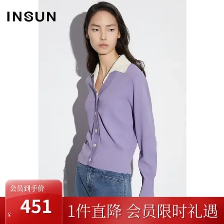 恩裳COVER2023春款新款微落肩T型收腰开衫复古别致撞色POLO领上衣商品大图