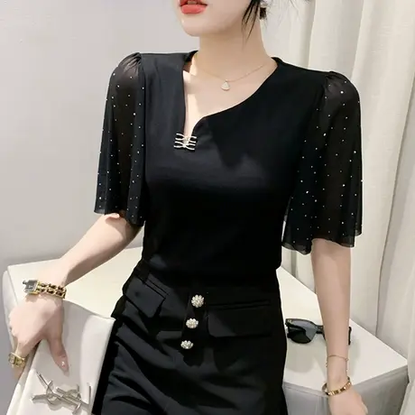 网纱拼接T恤女夏装洋气五分袖性感斜领小衫气质设计感荷叶边上衣商品大图