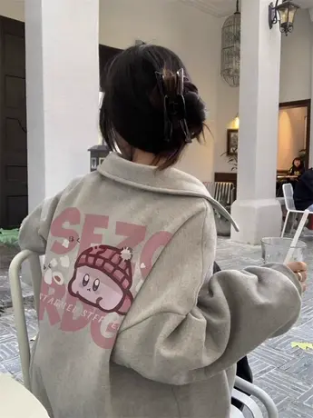 纯棉灰色卫衣女polo领长袖上衣2023新款爆款小个子半拉链早秋外套商品大图