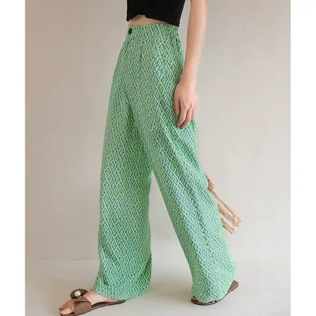 弥古波西米亚阔腿裤冰丝雪纺垂感凉凉裤女夏季薄款绿色印花格子裤商品大图
