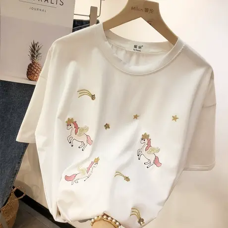 2020夏新款短袖女韩国东大门ins上衣小众半袖T刺绣独角兽T恤大码商品大图