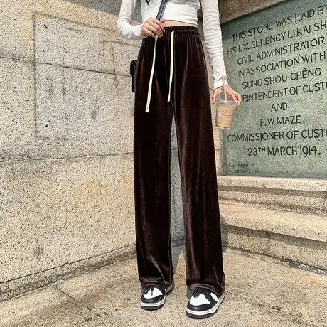 金丝绒直筒阔腿长裤子女秋冬季2022新款小个子休闲拖地裤垂感黑色图片
