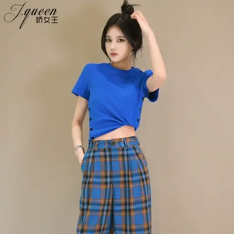 克莱因蓝短袖女夏季新款时尚设计感纽扣显瘦百搭打底短款T恤上衣图片