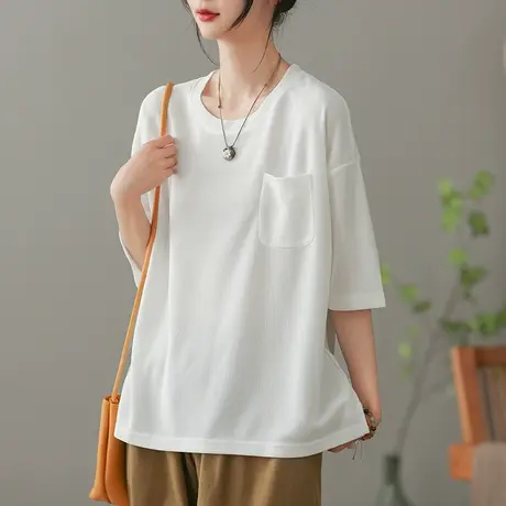 dza文艺复古圆领短袖T恤女2023夏季薄款白色打底体恤休闲宽松上衣商品大图