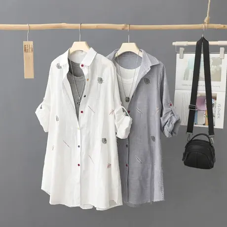 2023年夏季新品中长款文艺刺绣衬衫女长袖薄款防晒衣宽松开衫外套图片