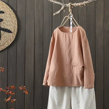 枫谜2021年春装新款文艺简约刺绣棉麻长袖T恤女宽松套头亚麻上衣图片