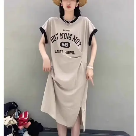 2023欧货高端洋气大牌连衣裙女设计感小众开叉过膝t恤裙长裙夏季图片