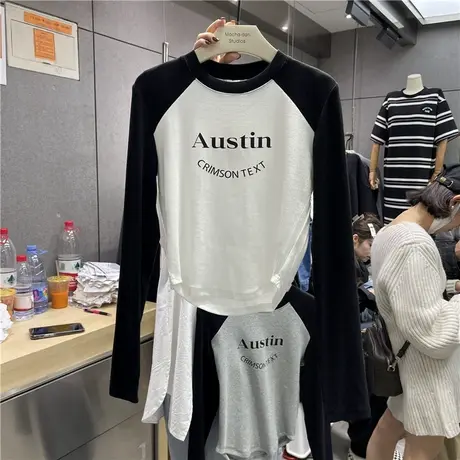 拼色字母印花圆领长袖T恤女2023春夏新款韩版宽松百搭套头上衣潮商品大图