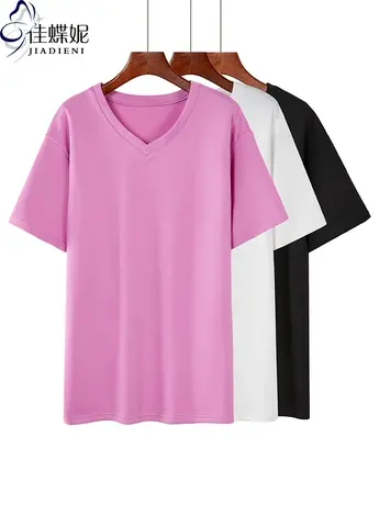 早春韩中长款纯棉宽松V领大版T女上衣内搭女打底衫短袖华夫格T恤商品大图