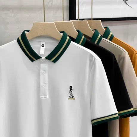 夏季男士polo衫短袖冰丝潮牌条纹领高级感男高端修身刺绣翻领t恤商品大图