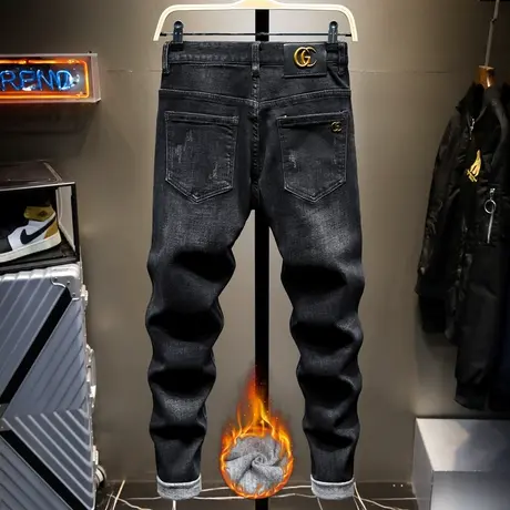 秋冬款高端休闲牛仔裤男士黑色2021潮牌新款修身小脚裤子男商品大图