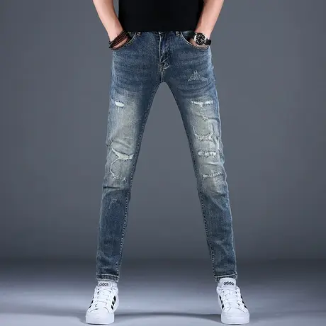 男士春秋男款水洗破洞牛仔裤男高街裤子夏天破坏休闲修身小脚复古图片