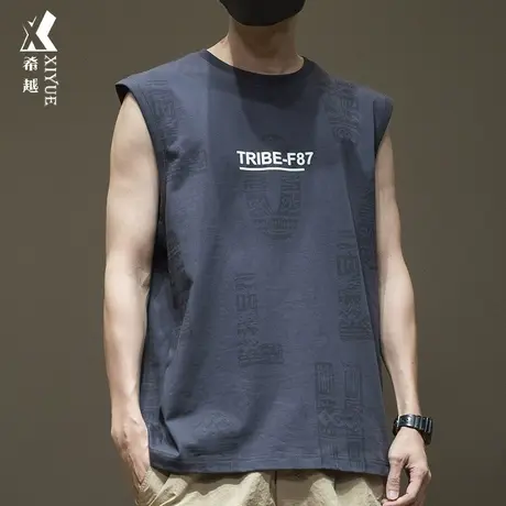 希越设计感印花无袖t恤男夏季背心宽松大码重磅纯棉运动健身坎肩图片