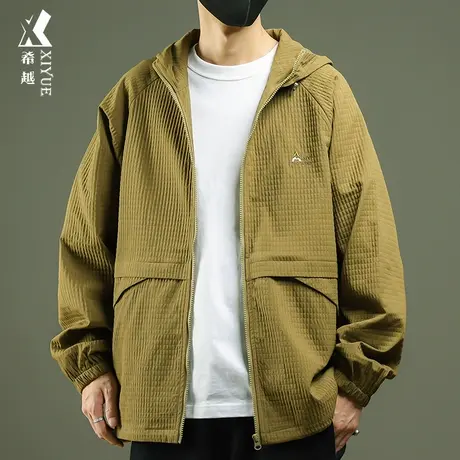 希越华夫格速干长袖连帽外套男秋季宽松大码250g重磅抗皱刺绣夹克商品大图