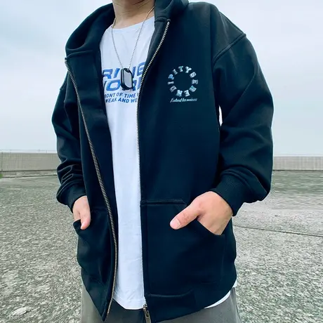 oversize简约加绒外套胖子男装拉链连帽加肥加大码开衫卫衣春秋季商品大图