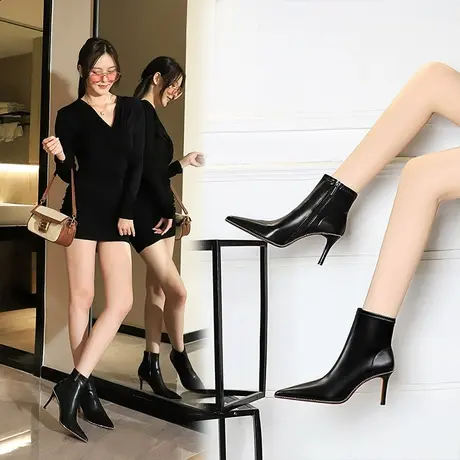 弹力软皮尖头马丁靴女细跟2022年秋冬新款时尚显瘦百搭短筒瘦瘦靴商品大图