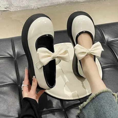 少女心蝴蝶结小皮鞋女春2023新款设计感小众气质大头厚底英伦单鞋商品大图