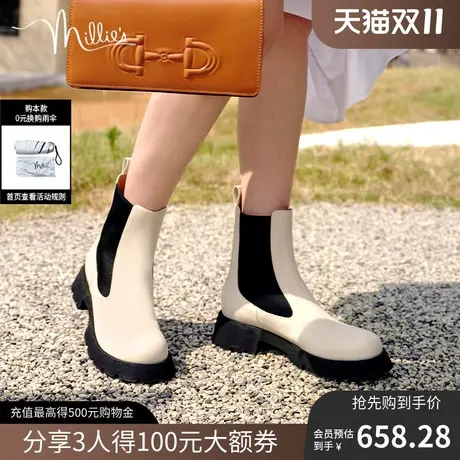 妙丽冬季烟筒靴女商场牛皮简约女士切尔西靴SGQ31DZ2图片